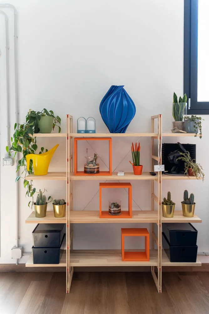 Libreria in legno chiaro con piante, vaso blu e contenitori arancioni